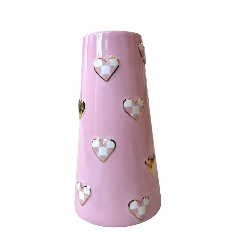 NEW Mackenzie-Childs Rosy Check Short Heart Vase In Original Box